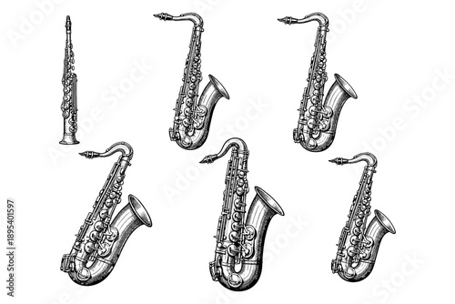 Collection of detailed saxophone illustrations in various styles