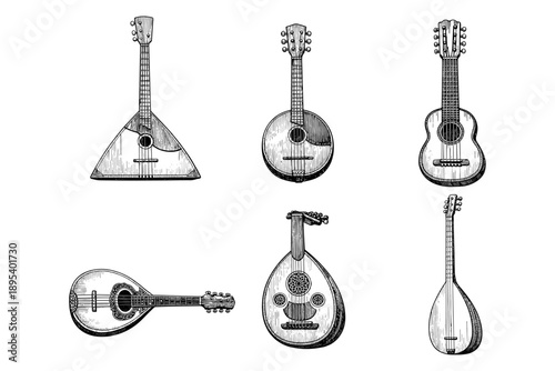 Vintage string instruments: balalaika, mandolin, ukulele, oud - black and white illustration