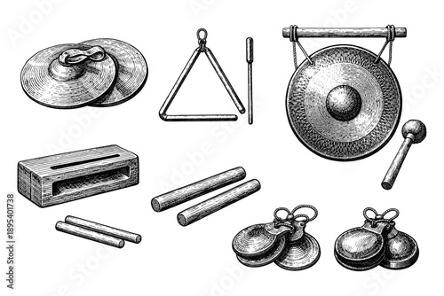 Collection of vintage percussion instruments: gong, cymbals, triangle, woodblock, claves, castanets