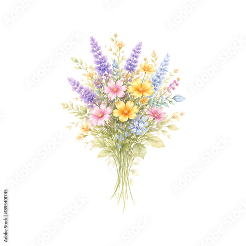 Colorful Pastel Wildflower Watercolor Bouquet Isolated on Transparent Background