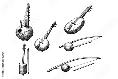 Collection of vintage string instruments: kora, pipa, ngoni, berimbau, gudok, banjo