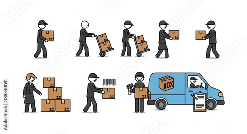 Delivery Person Carrying Boxes and Using Cart Next to Van.