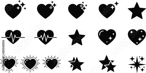 Heart and star silhouette icon set isolated on white background, love sparkle symbol collection vector illustration design
