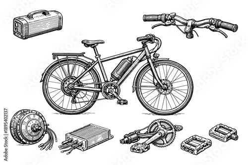 Detailed vintage bicycle with accessories and components illustration