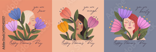 Women's Day greeting cards.Calm strong women of different cultures and nationalities sitting in flowers symbolizing feminism,women's empowerment.Girl power movement,equal rights,self care concept