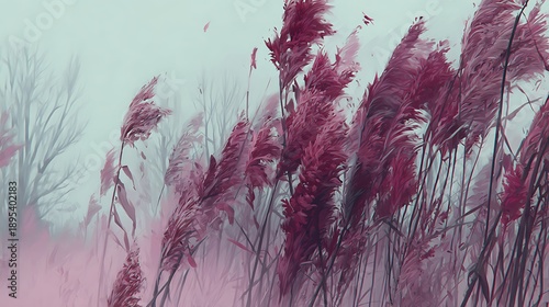 Pink Reeds in Foggy Landscape with Soft Light Artistic Nature Scene
