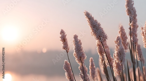 Pink Reeds with Soft Sunset Light in Calm Nature Scene