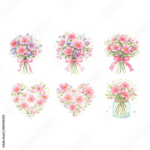 Pink Floral Bouquet and Heart Shape Watercolor Clipart Set Isolated on Transparent Background
