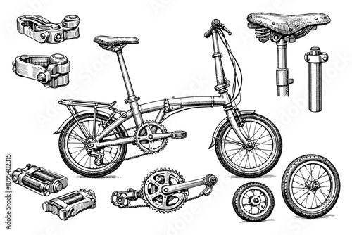 Vintage folding bicycle diagram with parts including saddle, gears, and wheels