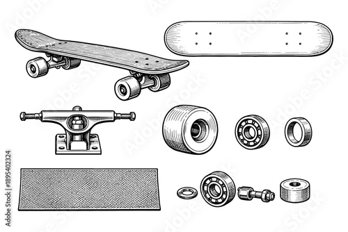 Vintage skateboard parts illustration featuring deck, trucks, wheels, bearings