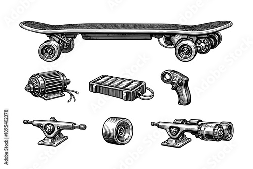Vintage-style electric skateboard parts illustration