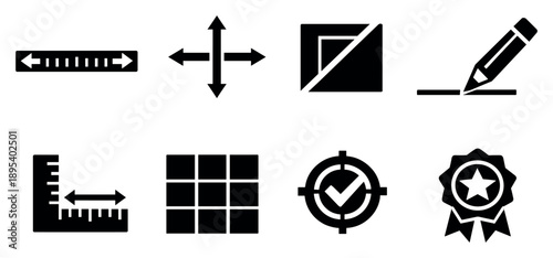 Measurement use and techniques in bold style: measuring length line, alignment guide, straight cut edge, drawing baseline, margin spacing ruler, layout grid aid. Vector icons