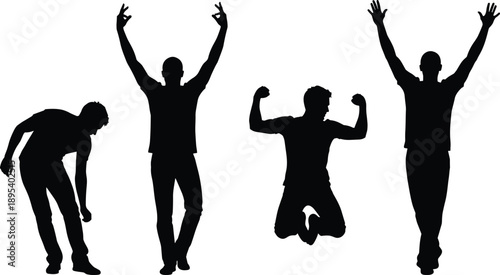 Happy man silhouette set showing celebration, success, victory poses, jumping and raised hands expressing freedom, motivation, achievement, and positive human emotions