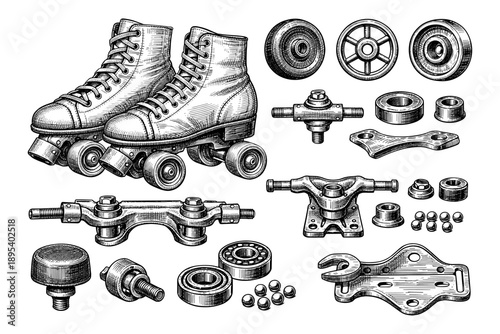 Vintage roller skates and parts illustration with wheels and bearings