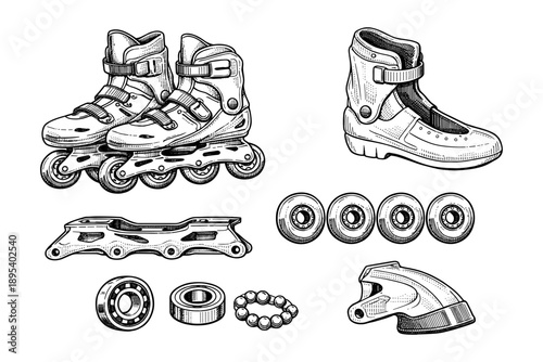 Inline skate parts illustration with boots, wheels, bearings, and chassis