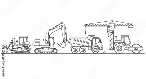 Construction Vehicles Line Art Collection.