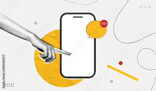 Trendy Halftone Collage Phone with Speech bubble message and new notifications. Online communication. Social media chatting. Hand with smartphone. Contemporary vector art illustration