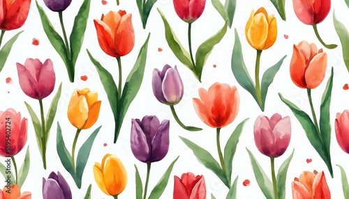 Watercolor pattern with colorful tulips and green stems. Art Nouveau style flowers repeat across white background. Fresh springtime floral repeat.