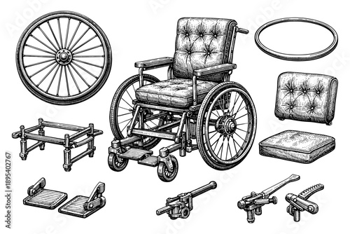 Antique wheelchair and components illustration with detailed engravings