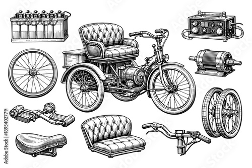 Vintage motor tricycle parts with engine, battery, wheels, and seat components illustration
