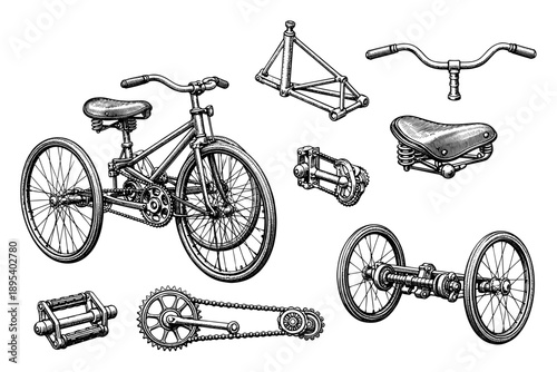 Intricate black-and-white bicycle and tricycle parts illustration