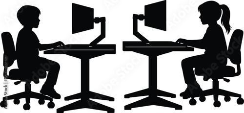 Silhouette illustration of two children using desktop computers at separate desks representing digital learning, technology education, and modern classroom concept