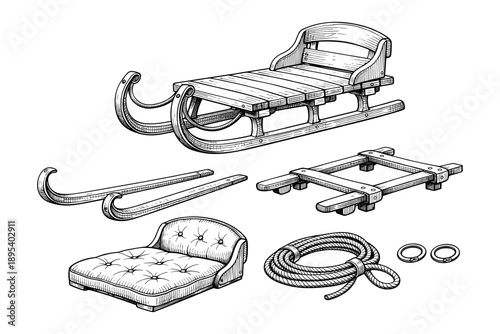 Vintage sled diagram with components and assembly details