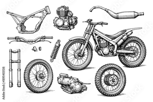 Detailed motorcycle parts and assembly diagram with engine and wheels