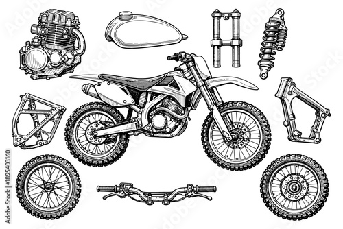 Detailed illustration of motorcycle parts and components arrangement