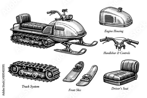 Detailed diagram of snowmobile components with labels including engine, track, and skis