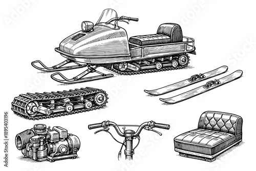 Diagram of vintage snowmobile components with engine tracks and skis