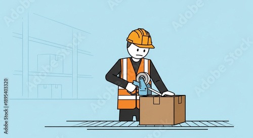 Construction worker sealing a cardboard box with tape dispenser.