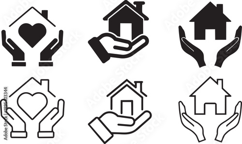 Home Protection Icons: Conceptual illustration featuring a collection of graphic icons symbolizing home protection, care, and security. Perfect for real estate, insurance.