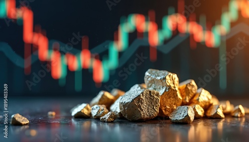 Raw gold and silver nuggets rest on a dark surface before a blurred stock market graph. Finance and investment concepts are represented by these precious metals and trading data.
