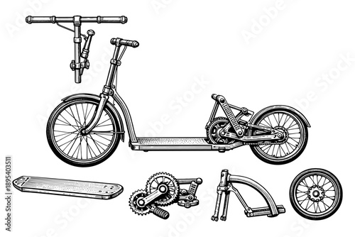 Detailed vintage scooter components illustration with wheels and frame