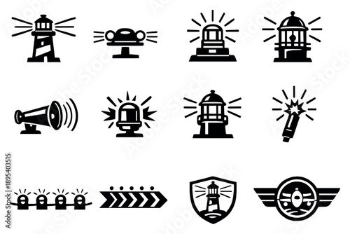 Marine and aviation warning beacons in outline style: lighthouse beacon, airport runway light, helipad beacon, ship navigation warning light, fog signal icon. Vector icons