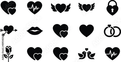 Love heart icon collection set, romance valentine wedding heartbeat lock ring kiss vector silhouette isolated background