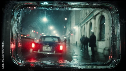 Rainy City Street Scene Through Frosted Window at Night with Car and People