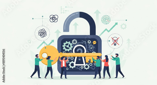 Cybersecurity concept with open padlock and gears.