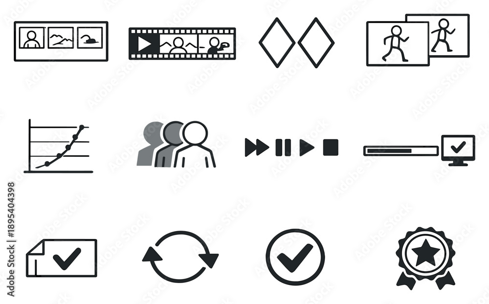 Fototapeta premium Animation workflow and production process vector icons in outline style: storyboard frames, animatic strip, keyframe diamonds, in between frames, timing chart. Vector icons
