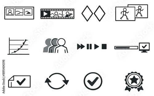 Animation workflow and production process vector icons in outline style: storyboard frames, animatic strip, keyframe diamonds, in between frames, timing chart. Vector icons