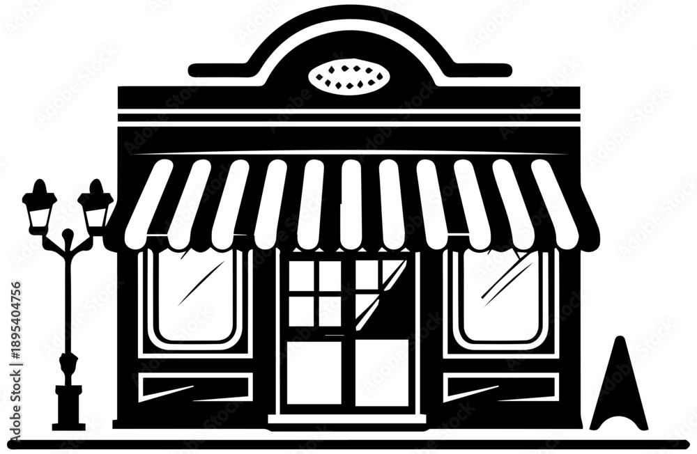 Naklejka premium Charming storefront with striped awning and street lamp