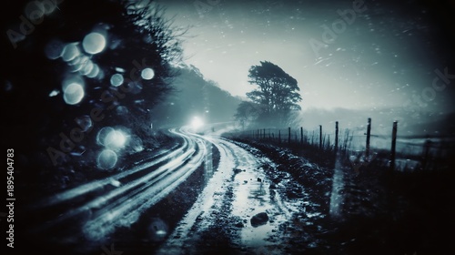 Rainy Night Road Scene with Wet Curving Road and Foliage in Dark Atmosphere
