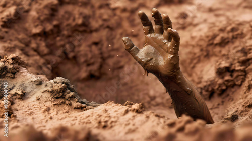Human hand reaching out of mud pit, buried alive concept, quicksand danger, struggle for life, dirty earth excavation, disaster.