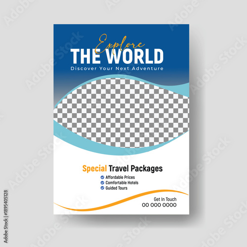 Travel poster and flyer template for tour and holiday packages with scenic destination layout and modern promotional design
