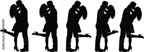 WebRomantic couple kissing silhouette set, passionate love embrace relationship valentine vector illustration isolated on light background