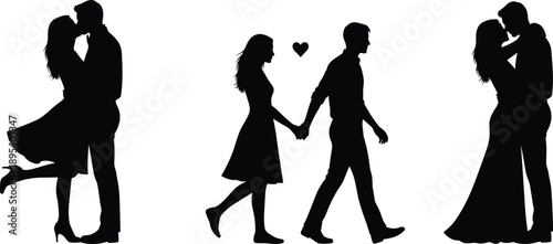 Romantic couple silhouette set, love relationship kiss walking valentine wedding vector illustration isolated on light background