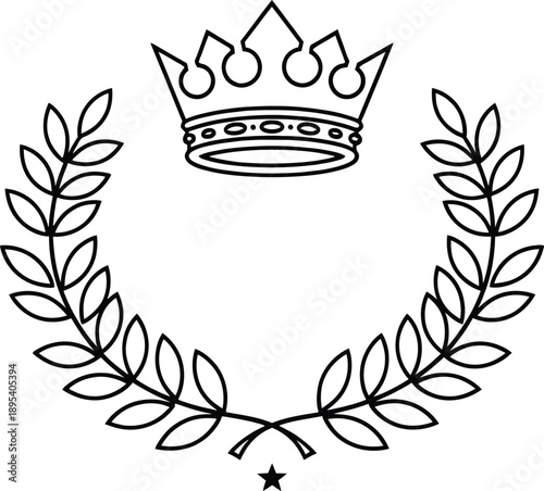 A black and white illustration of a crown surrounded by a laurel wreath with a star