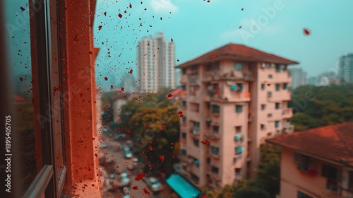 Rainy Urban Window Scene with Red Splashing Water Droplets and City Buildings
