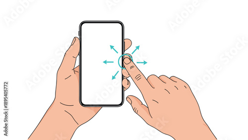 Person holding a smartphone with both hands while a finger interacts with the screen shown by blue directional arrows.